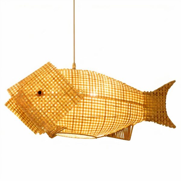 Fish-shaped aerated woven bamboo chandelier. Suspended by a cable. On a white background.