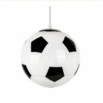 Hanging chandelier in the shape of a black and white football on a white background.