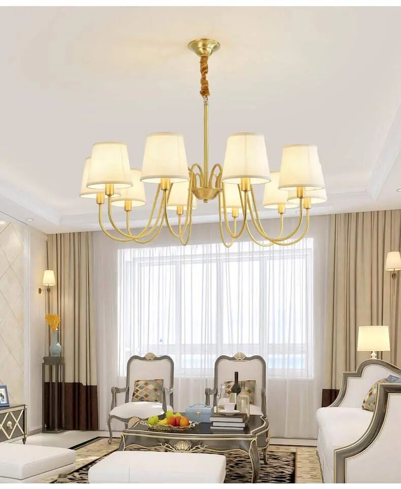 Golden LED chandelier with fabric shades
