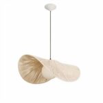 Retro chandelier in woven rope, in the shape of a large, supple woman's hat, folded at the sides. We can see the bulb and a cable connecting the chandelier to a round base. On a white background.
