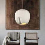 Grey LED pendant chandelier with minimalist Nordic design on a brown and grey background