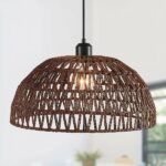 Hanging chandelier woven from dark brown hemp rope. On a white background.