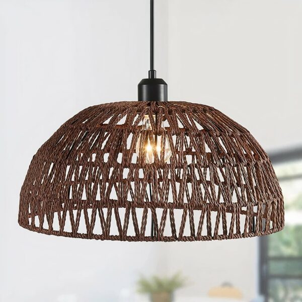 Hanging chandelier woven from dark brown hemp rope. On a white background.