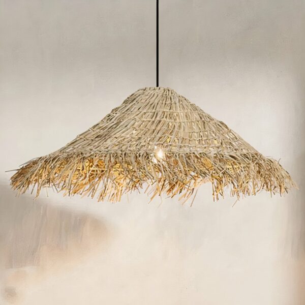 Hanging straw chandelier, conical like a hat. Woven straw, with brushed straw edges. Behind you can see a beige wall, and to the right a piece of the shade's shadow.