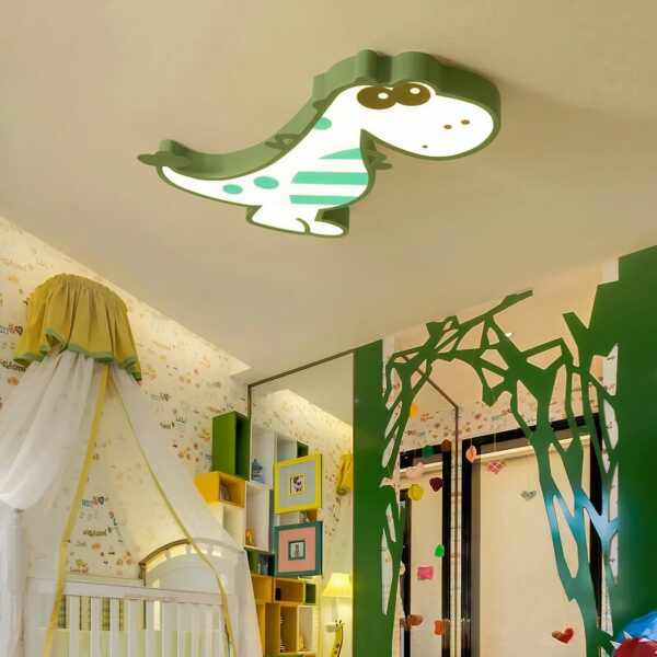Metal chandelier in the shape of a dinosaur for a child's bedroom ceiling on a beige background