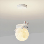 Modern, minimalist LED chandelier in the shape of a resin rabbit on a grey background