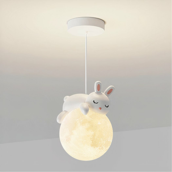 Modern, minimalist LED chandelier in the shape of a resin rabbit on a grey background