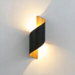 Modern, waterproof spiral-shaped LED wall light on grey background