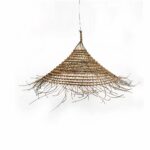 Minimalist straw chandelier in a conical shape, braided and airy. White background.