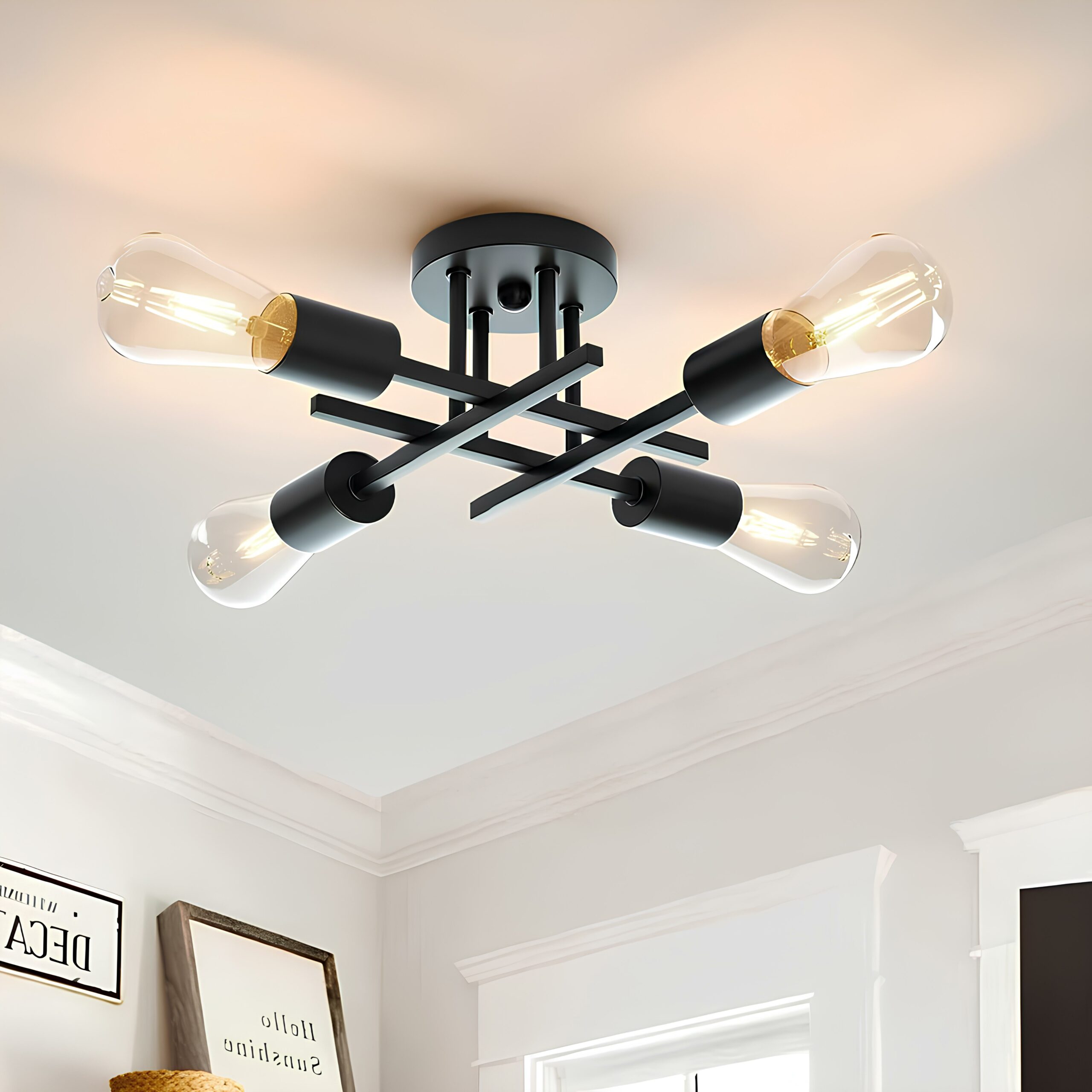 Black ceiling chandelier with 4 crossed rods