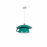 on a white background we see a duck-blue suspension in the shape of an upside-down teacup