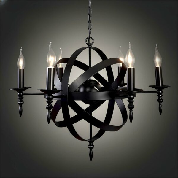 Black metal chandelier resembling an atom in the center. Around this structure are fixed 6 black candlesticks with their bulbs lit. The whole is set against a black background with a white gradient in the center.