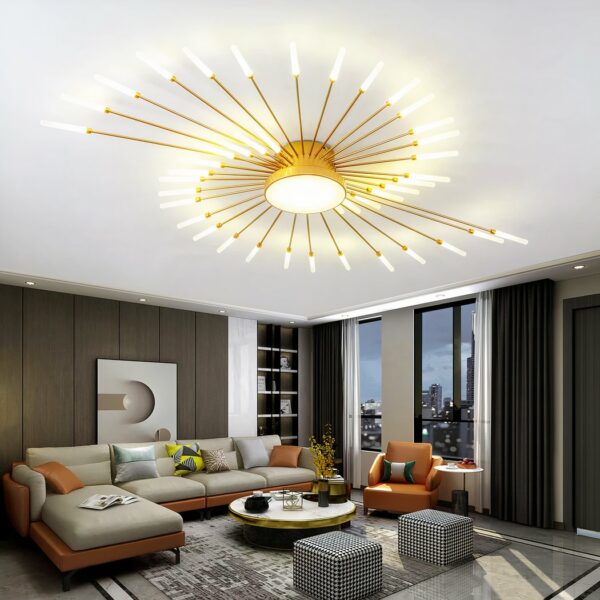 Modern, fireworks-style metal LED ceiling light hanging from the ceiling of a living room, above a sofa.