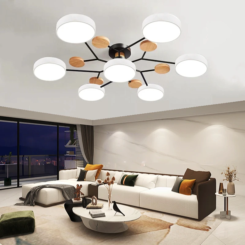Wood and metal chandelier for adult bedroom, Scandinavian style