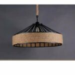 a retro-style wrought-iron and rope chandelier against a light grey background